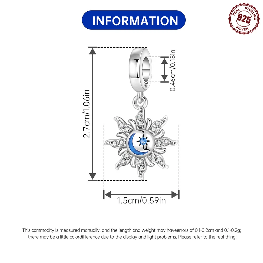 925 Sterling Silver Sun Moon Star Dangle Charm Bead Moon Clear CZ Sun Ray Bracelet Bead Women Cosmic Harmony Hope Jewelry Gift