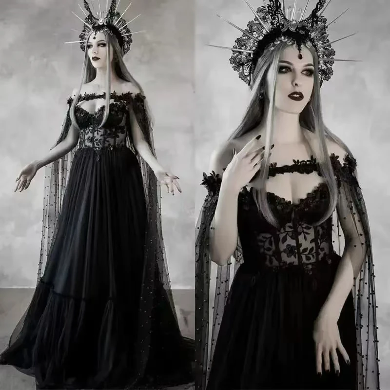 Vestido de novia gótico de cuento de hadas oscuro con corpiño de corsé con copa, vestido de novia de fantasía, capa de boda de Halloween, vestido de novia personalizado