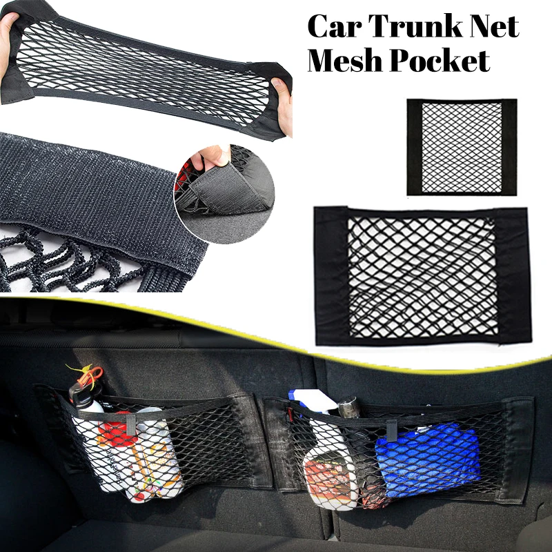 Car Trunk Net Mesh Pocket Seat Back Organizer Elastic String Net Magic Sticker Bags Kitchen Cabinet Door Storage Sundries Bag