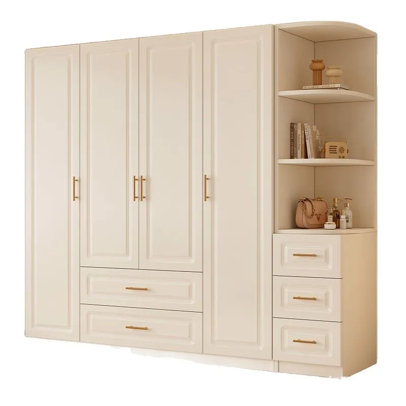 Cream Wind White Wardrobe Home Bedroom Combination Corner Open Cabinet Integrated Four Door Wardrobe Drawer Storage Standin