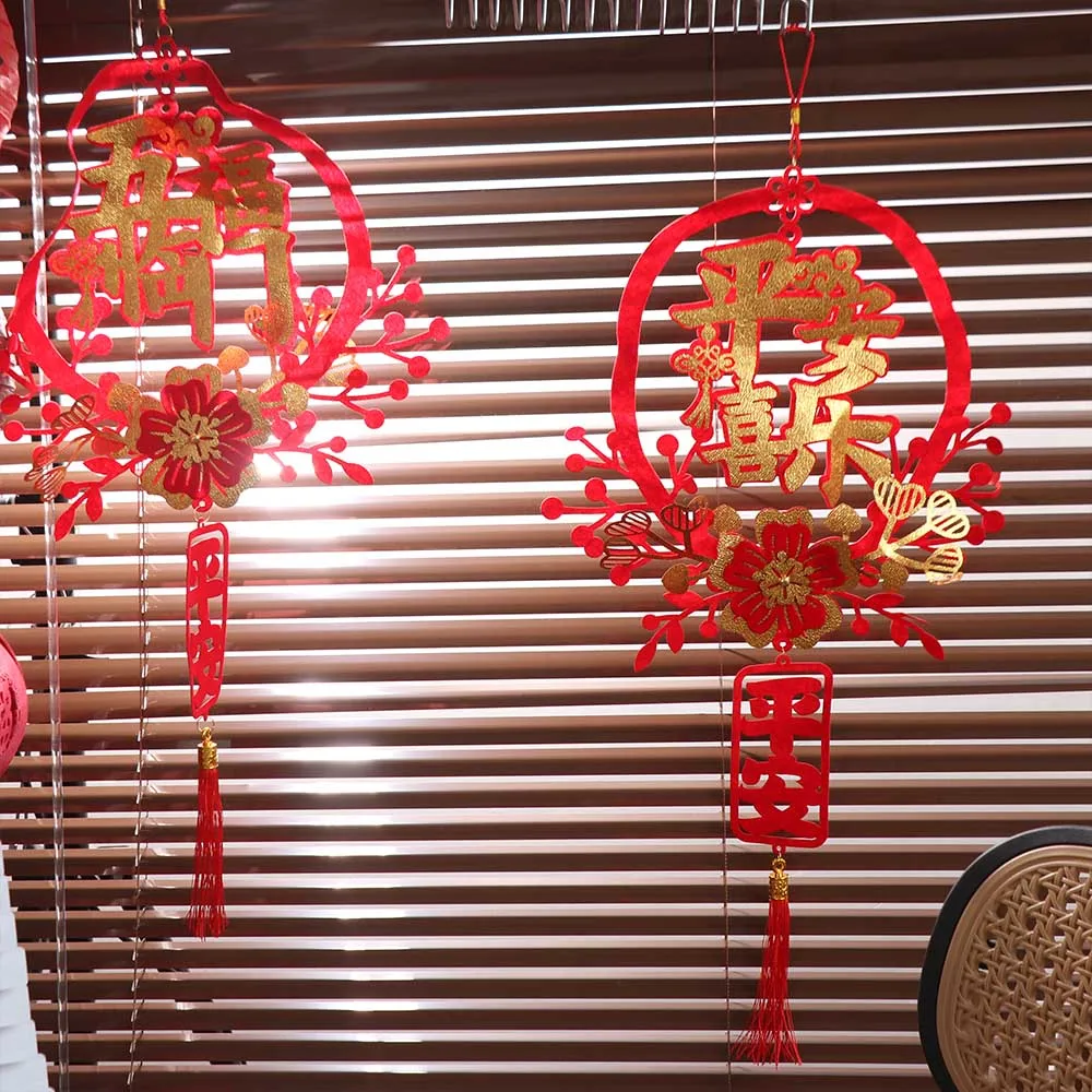 Red Chinese Lucky Character Pendants Traditional Handmade New Year Fu Character Pendants Flocking with Tassels