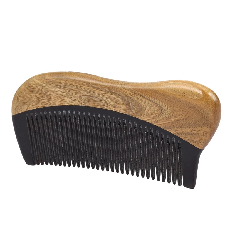 4X Natural Green Sandalwood Hair Comb - No Static Wooden Fine Tooth Black Buffalo Horn Comb (Green Sandalwood)