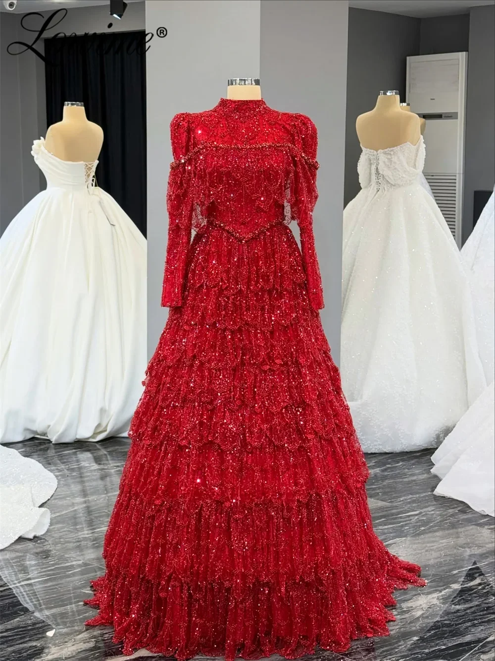 Customized Red Burgundy Tiered Beaded Arabic Party Dress Long Sleeve High Neck A Line Prom Dresses Formal Women Evening Gowns