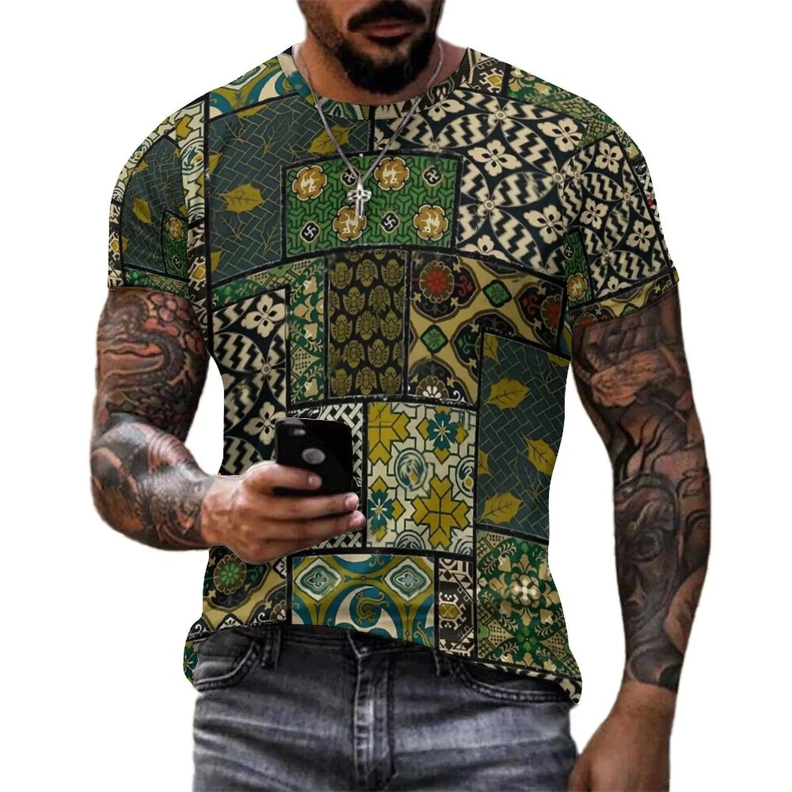 Vintage Patchwork Print T Shirt Green Brown Harajuku T Shirts Short Sleeves Pattern Tshirt Hot Summer Casual Oversize Clothing