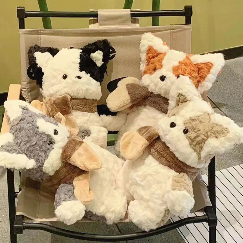 Peluches Devon Rex de dibujos animados de 35cm, bufanda, juguete suave, Animal relleno, gato negro, perro Kawaii, almohada de felpa para dormir, regalo para niña