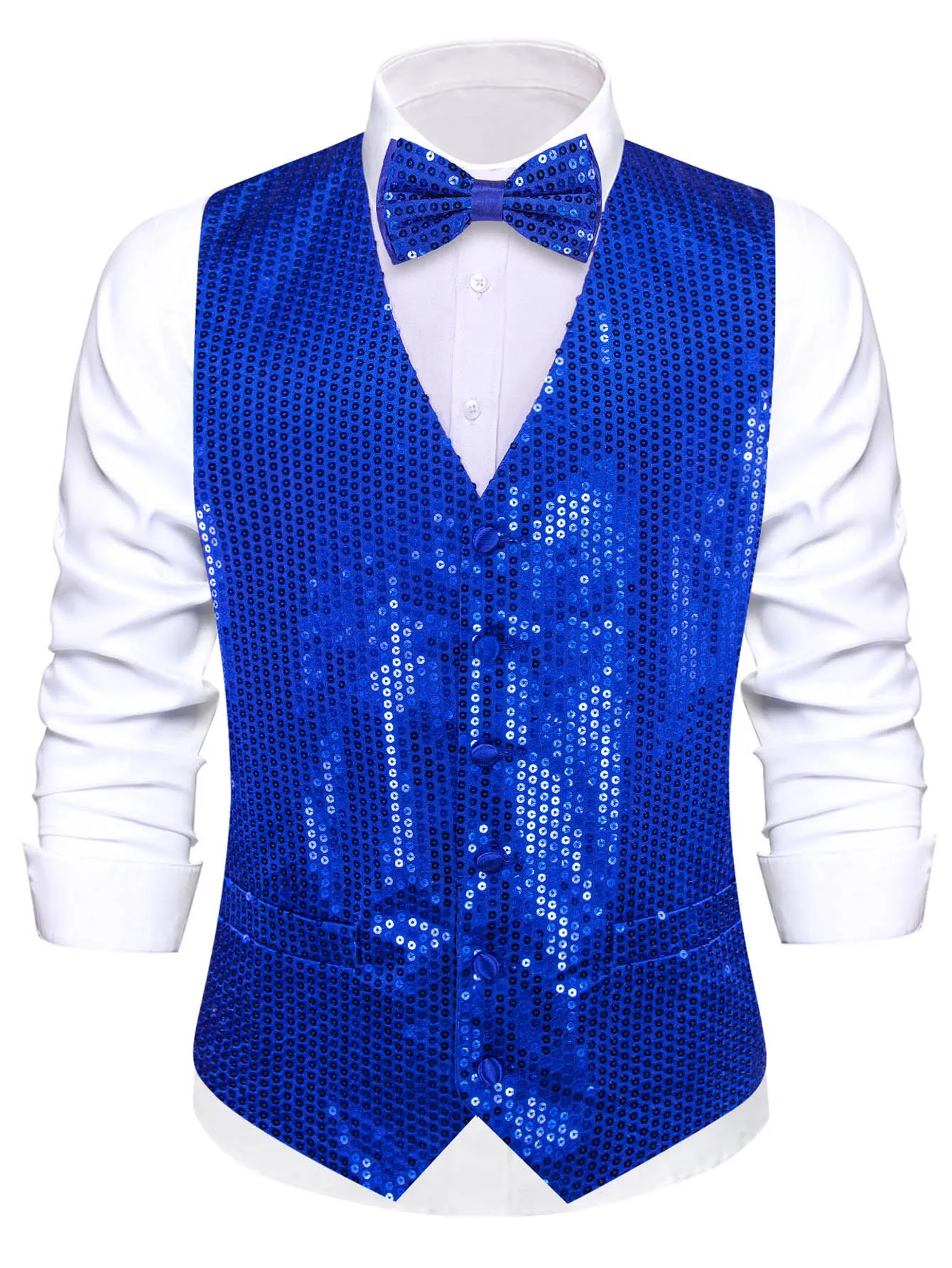 Men's Royal Blue Shiny Sequin Vest with Matching Bow Tie 2 Pieces V-Neck Waistcoat Suit for Prom Wedding Party Stage Disco