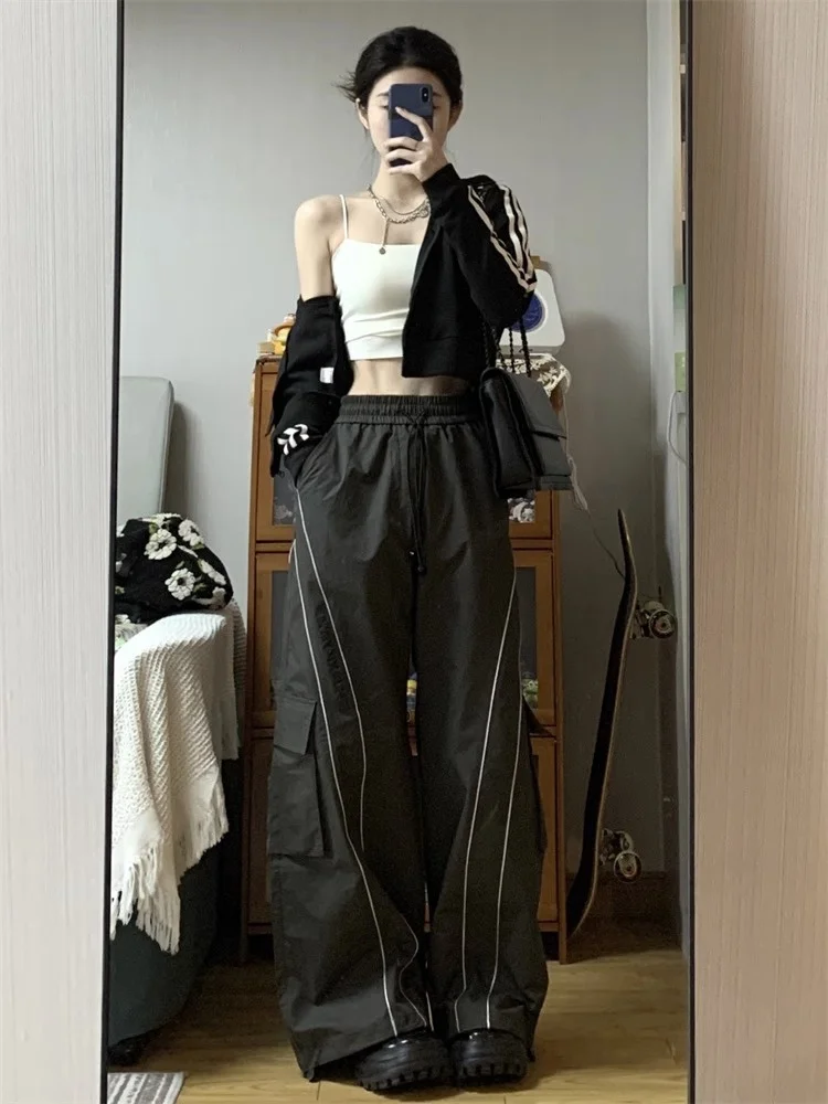 QWEEK Y2K Streetwear Black Cargo Pants Women Hip Hop Striped Oversized Track Pants American Retro Basic Wide Leg Sweatpants