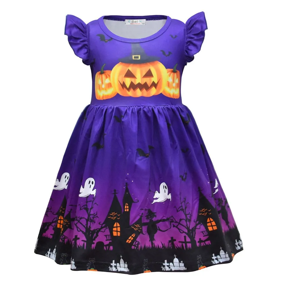 Kids Carvinal Fancy Cosplay Ghost Costume For Kids Pumpkin Prints Clothes Kids Short Sleeves Cosplay Devil Party Dress 3-12Year