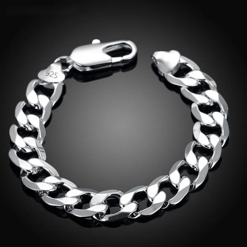 

925 Silver 8MM 10MM 12MM Flat Sideways Bracelets Chains For Men Fashion Jewelry