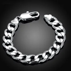 Pulseras planas laterales para hombre, cadenas de plata 925, 8MM, 10MM, 12MM, joyería de moda