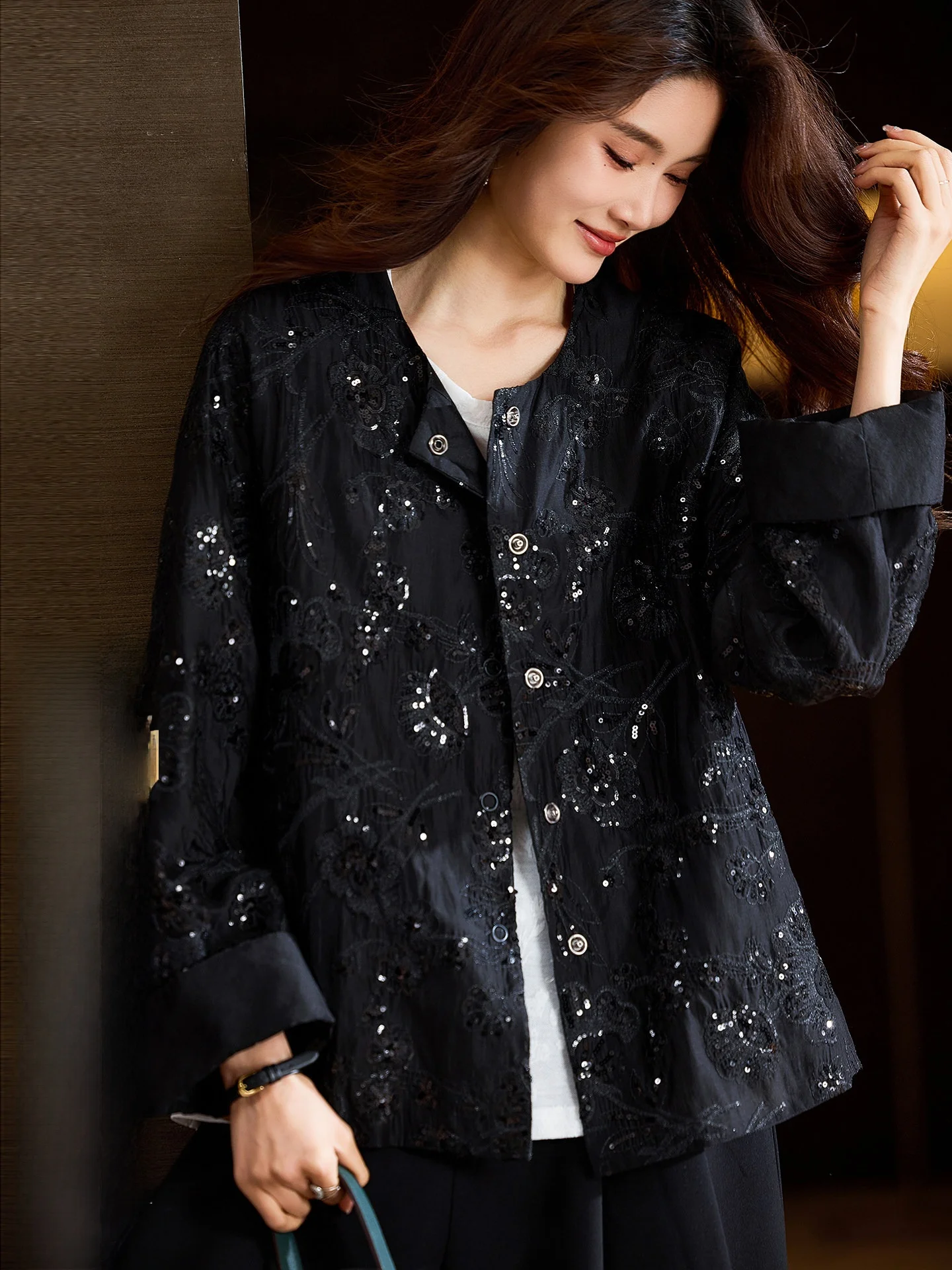 

Элегантная черная шифоновая куртка с вышивкой и бисером, женская весенняя теплая верхняя одежда прямого кроя в китайском стиле с длинными рукавами