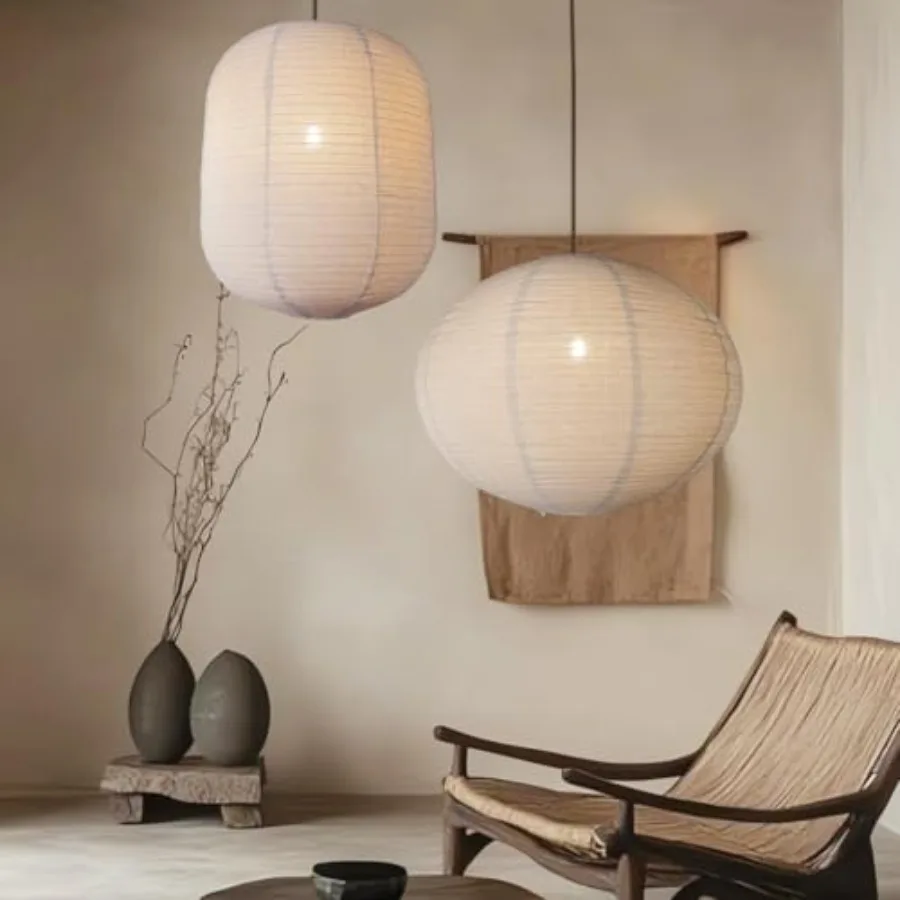 

2-Piece Hanging Lamp Shade Set 1 Oval 20x15 in + 1 Cylinder 13.5x17 in Faux Linen Fabric Pendant Light Shades Foldable Minimali