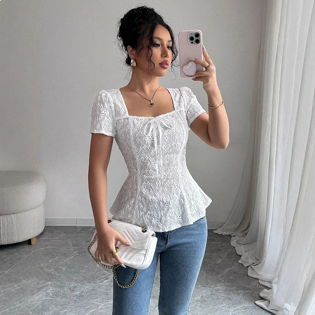 Women's Summer Lace Blouse Square Neck Bow Short Sleeve Top Tee Shirts