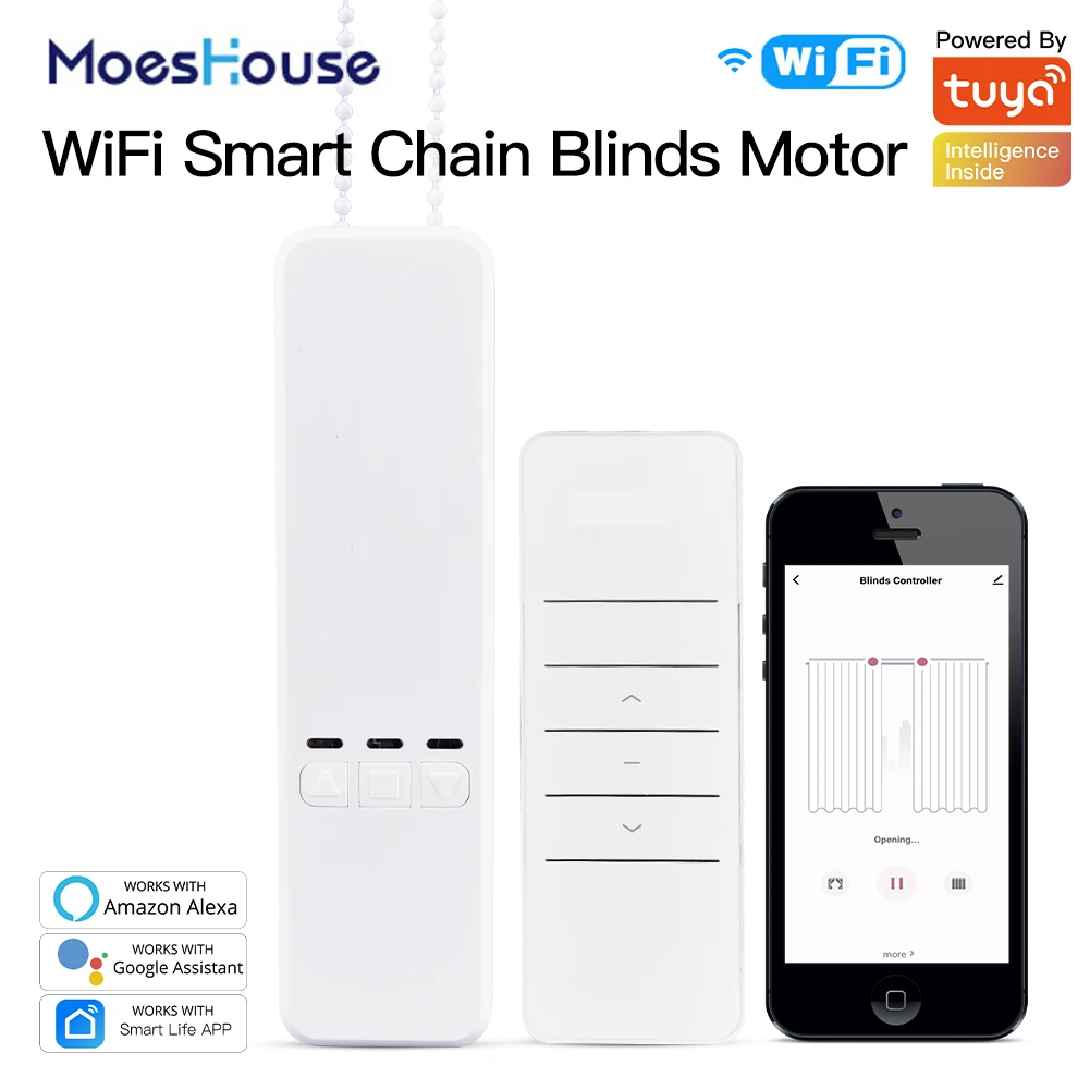 MOES WiFi Motorized Chain Roller Blinds Shade Shutter Drive Electric Curtain Motor RF Remote Tuya Smart App Control Alexa/Google