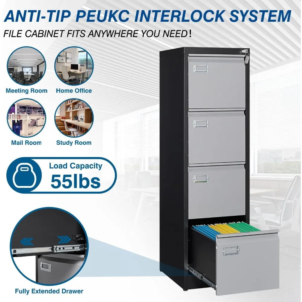 4 Drawer File Cabinet, Vertical Filing Cabinets with Lock, Metal File Cabinets for Home Office, Anti-Tip 4 Storage Drawers