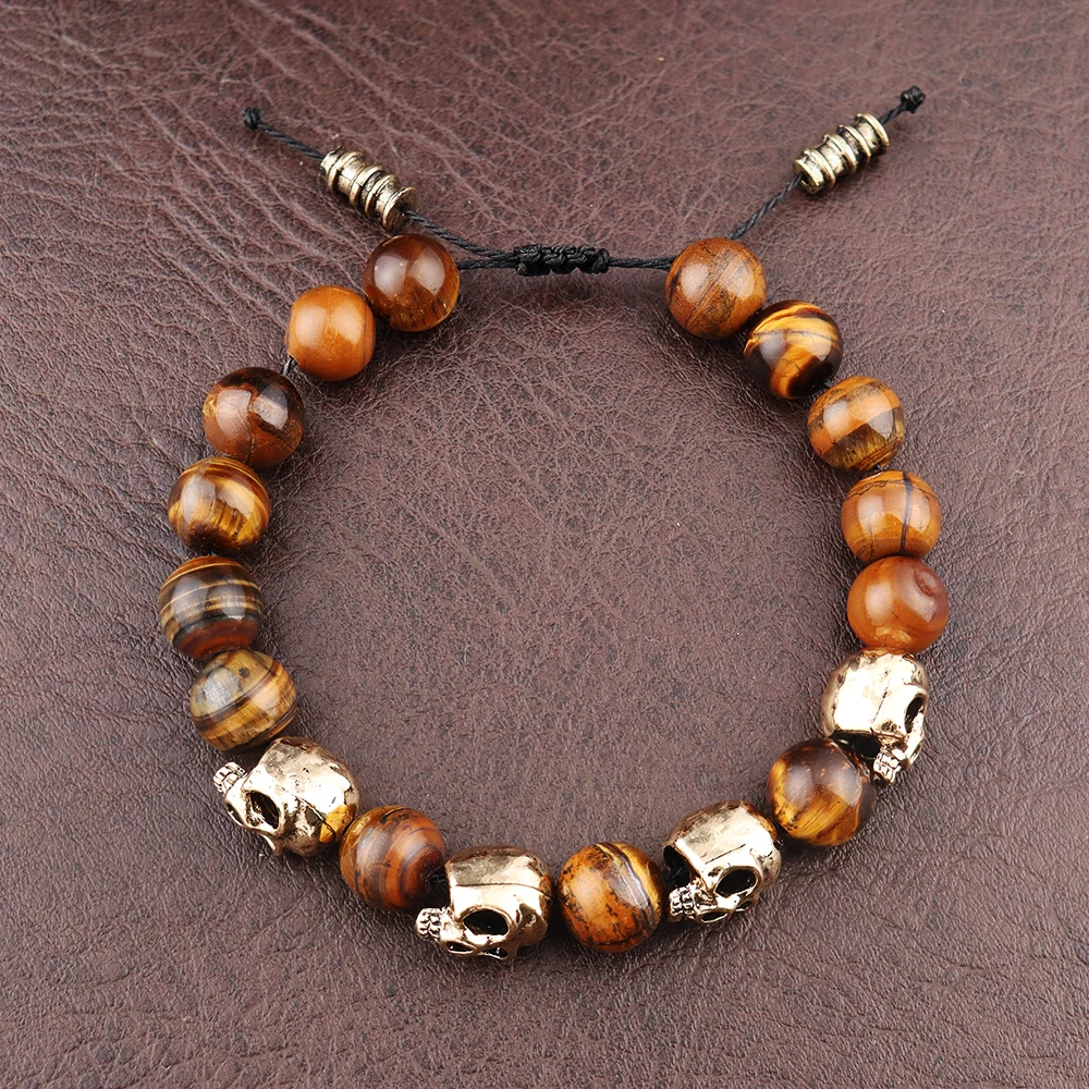 Dark Vintage Agate Skull Bracelet for Men Natural Stone Tiger Eye Charm Women Bracelet Punk Hip Hop Adjustable Jewelry Wholesale