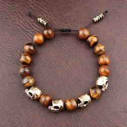 Dark Vintage Agate Skull Bracelet for Men Natural Stone Tiger Eye Charm Women Bracelet Punk Hip Hop Adjustable Jewelry Wholesale