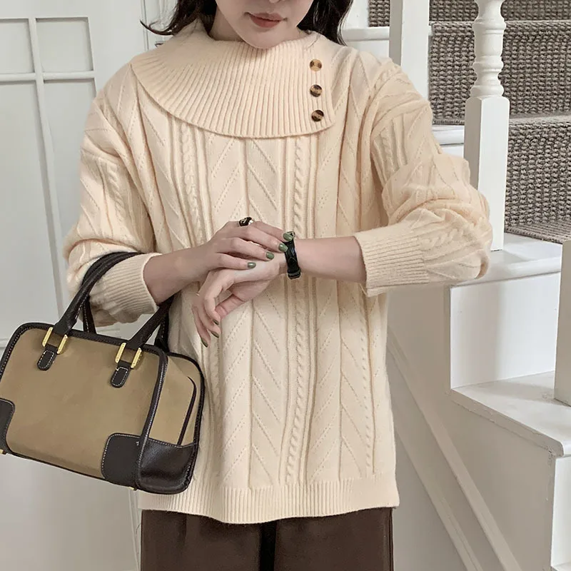 Korean Vintage Irregular Lapel Short Knitted Sweater Casual Long Sleeve Split Hem Ladies Knittwear Black Apricot Coffee Color