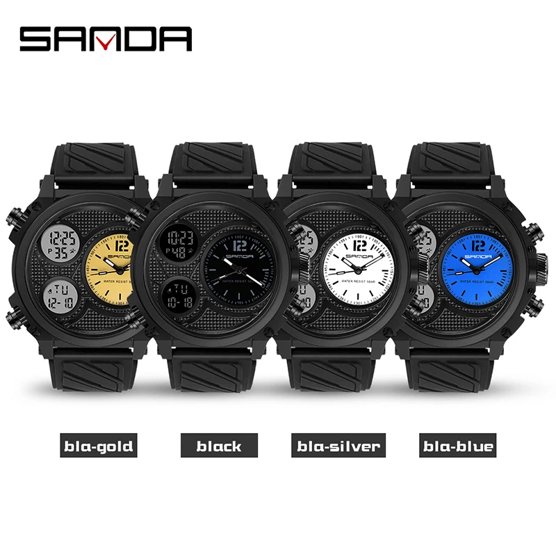 SANDA Neue Herren Uhr Dual Display Quarzuhr LED Sport Digitale Uhren 50m Wasserdichte ElectronicWristwatch Alarm Uhr Relogio