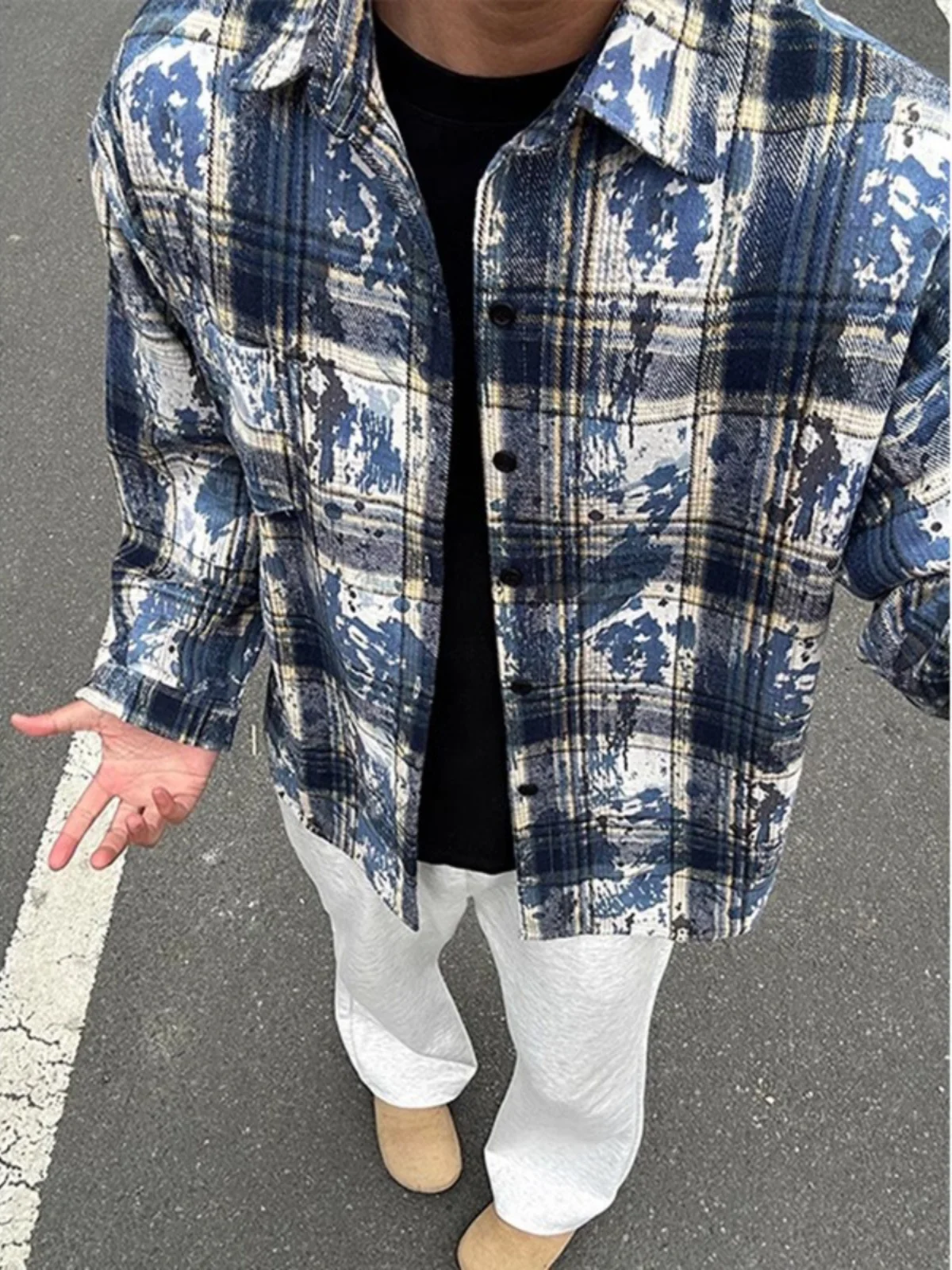 

Men's Plaid Long Sve irt Water-Media Tie-Dye Cheered Lazy Sle American Retro Oversize Spring Autumn Outerwear