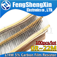 100pcs 1/4w 0.25w 5% Carbon Film Resistor 1R~1M 2.2R 10R 22R 47R 51R 100R 150R 470R 1K 4.7K 10K 47K 1 2.2 10 22 47 51 100 150