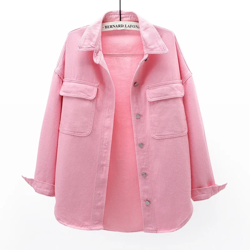Rosa Weiß Große Tasche Langarm Denim Jacke Frauen Koreanische Mode Cowboy Oberbekleidung Herbst Lose Mid Lange Jeans Jacke Weibliche