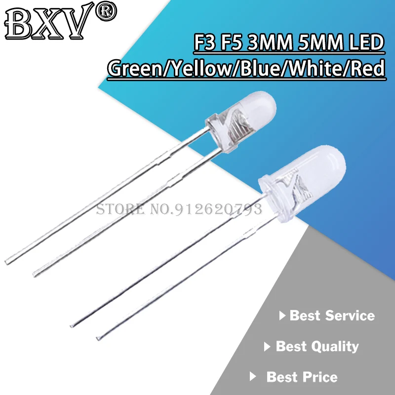 100PCS F3 F5 3MM 5MM Round Water Clear Green/Yellow/Blue/White/Red LED Light Lamp Emitting Diode Dides