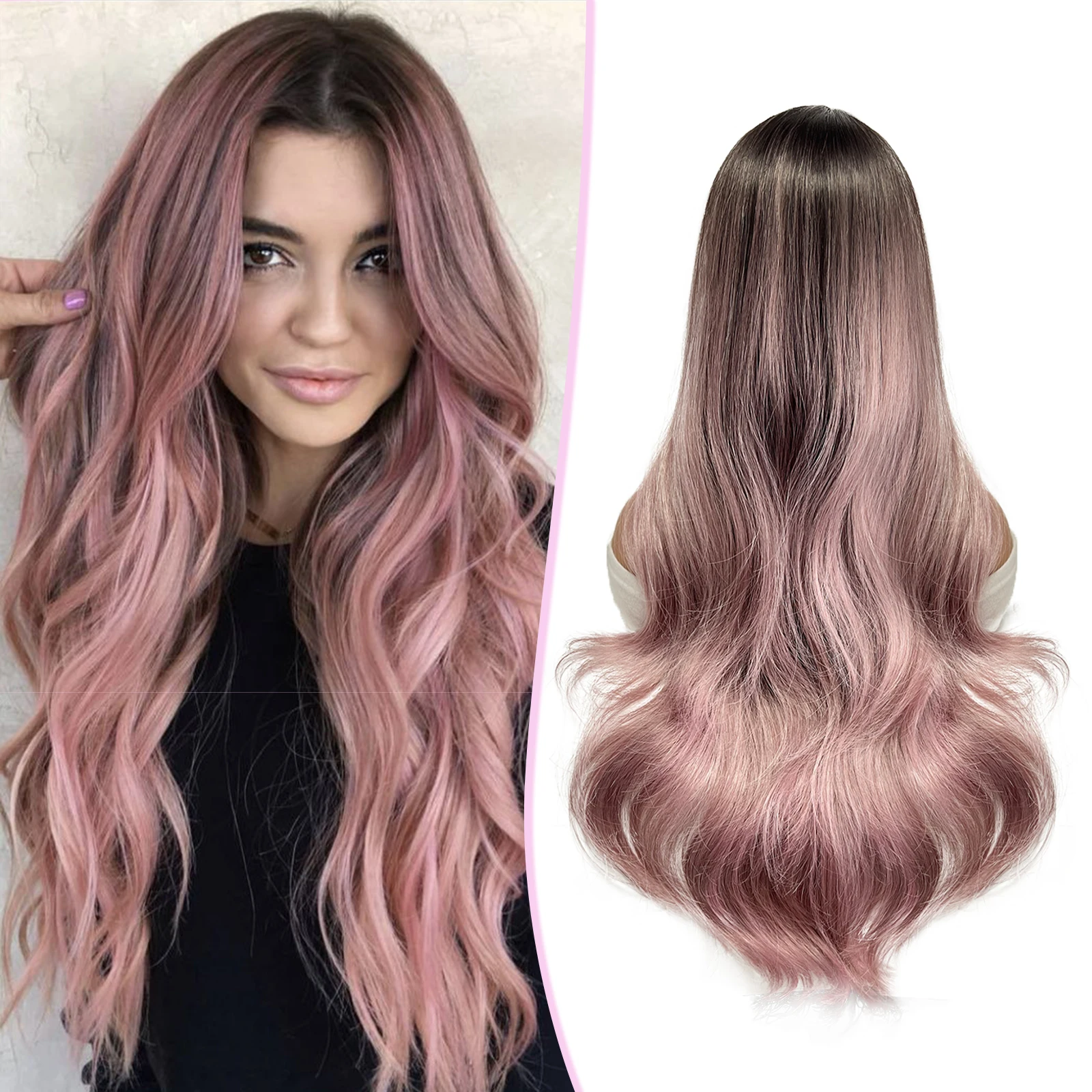 

Long Wavy Pink Wigs for Women, 28 inch Ombre Pink Wigs Middle Parting Body Wave Synthetic Wig for Daily Party Use