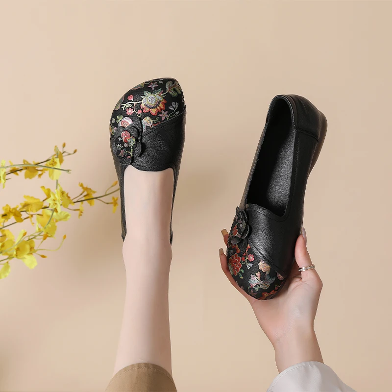

New retro embroidered flats mom comfort loafers genuine leather flat shoes women's vintage ballet flats slip on shoes daily wear