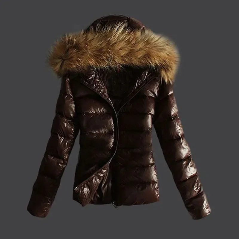 Women's Winter New Fashion Casual Slim Cotton Jacket Faux Fur Collar and Hooded Hooded Warm Jacket Coat Pu Leather Zipper