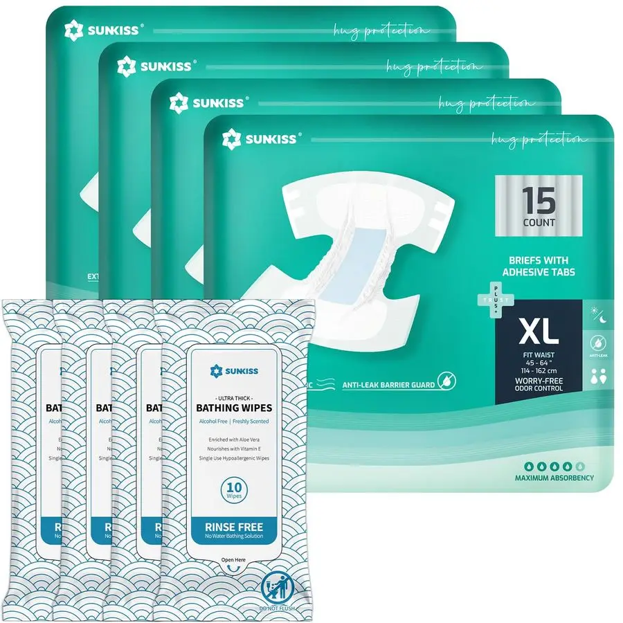 مناديل استحمام TrustPlus Bundle مع الألوة للبشرة الحساسة 40 قطعة، 8 × 12 أمبير حفاضات TrustPlus للبالغين مع أقصى قدر من الامتصاص XL #1