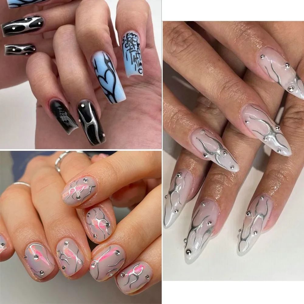Y2K Nail Stickers 3D Self-Adhesive Silver Flame Nail Decals Gold Bronzing Hearts Slider Grunge Gothic Manicure Decoration NLS241