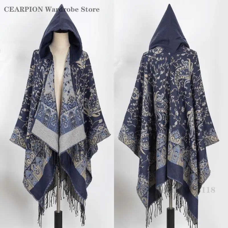 

New Cloak Coat Women Men Hooded Warmth Scarf Warmth Shawl Capes Ethnic Style Print Tassels Ponchos Outwear Big Size Pashmina