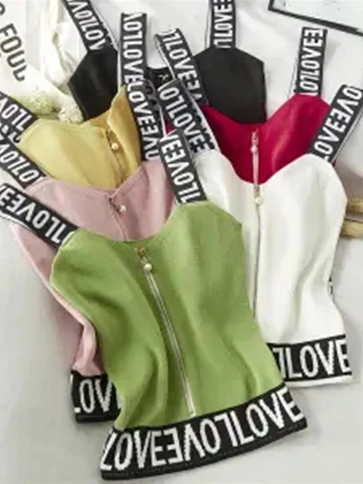 Summer Sexy ort Knitted Pearl Zipper Letter Women's Vest Top oulder Strap Wide Strap Bandage Sle Slim Fit 8-24 Years Old