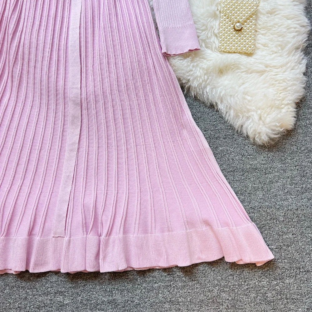 YuooMuoo Chic mode femmes élégant plissé tricoté longue robe 2025 automne hiver col en v dame robe pull coréen fête Vestido