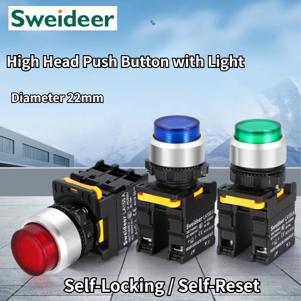 Led 220v High Selector Switch 22mm Waterproof Extended High Head Push Button Self Reset Self Locking Green Yellow Red Blue White