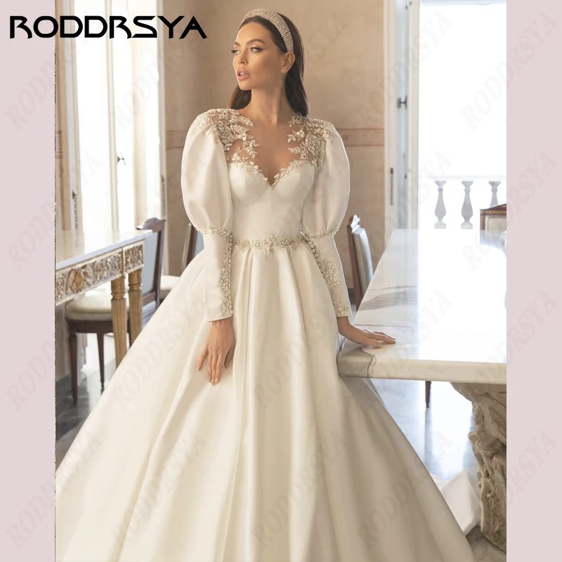 RODDRSYA Princess Wedding Dresses Appliques Button Bridal Gowns O-Neck Lace Vestido De Noiva Lantern Long Sleeve Bride Party