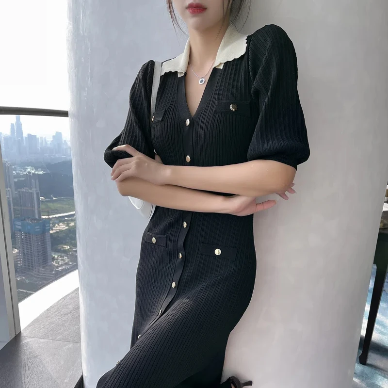 Long dress color blocking doll lapel ice silk short sleeved skirt bubble sleeves 2024 new French style fashionable temperament