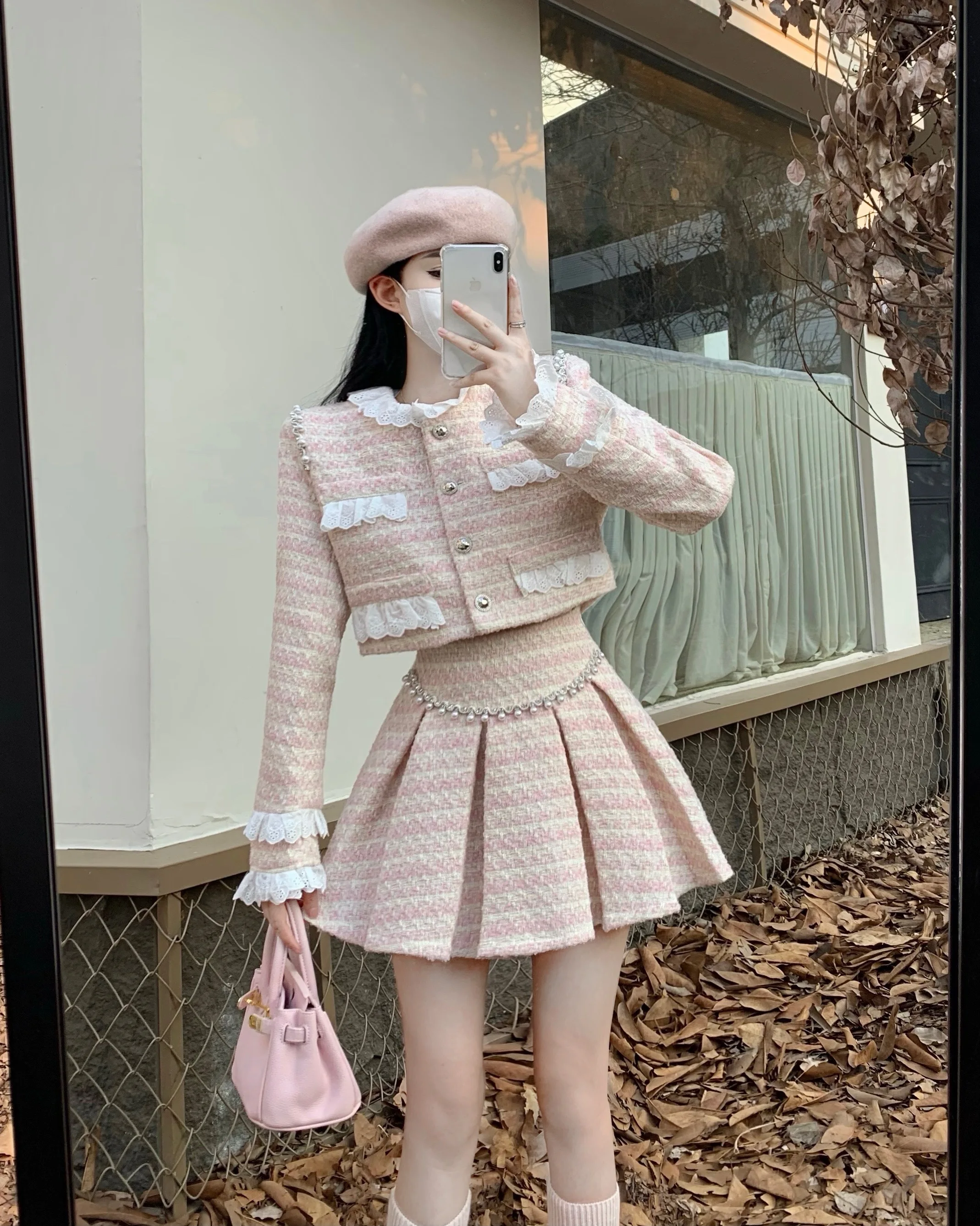 Real Shot Original Price - Heavy Tweed Jacket and High-Waisted Pleated Short Skirt Chic Style Wool Set for Women Female, Winter