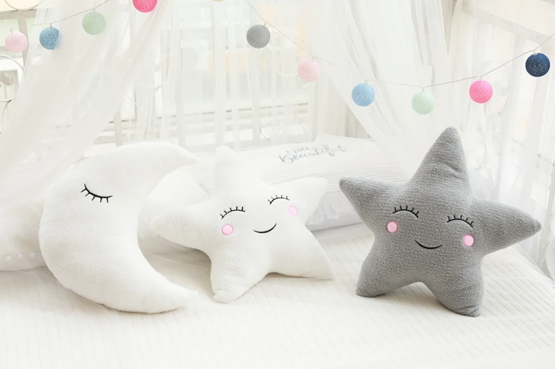 Shy Sky Plush Throw Pillow Stuffed Cloud Moon Star Water Drop Soft Cushion Pink White Grey Colorful Back Support Plushie Decor