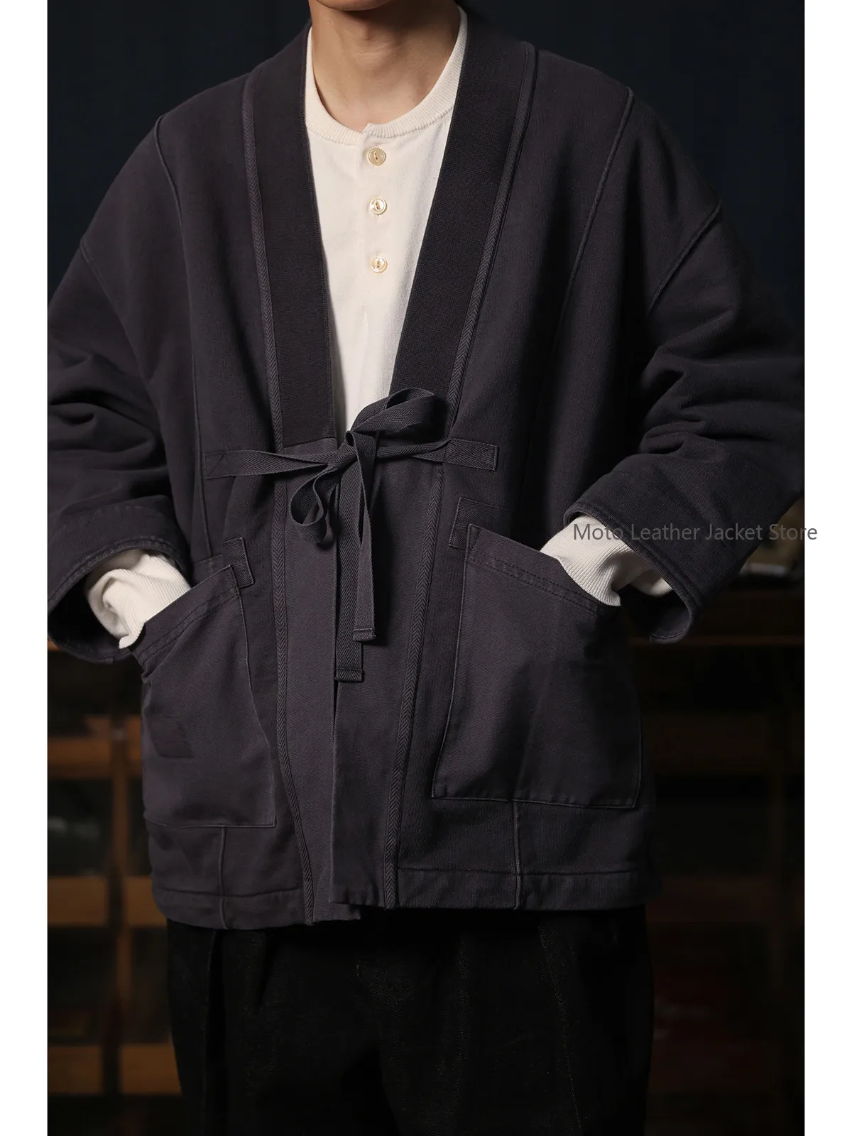 

Heavyweight French Terry Kimono Cardigan Garment Dyed Japanese Retro Loose Kendo Robe Coat