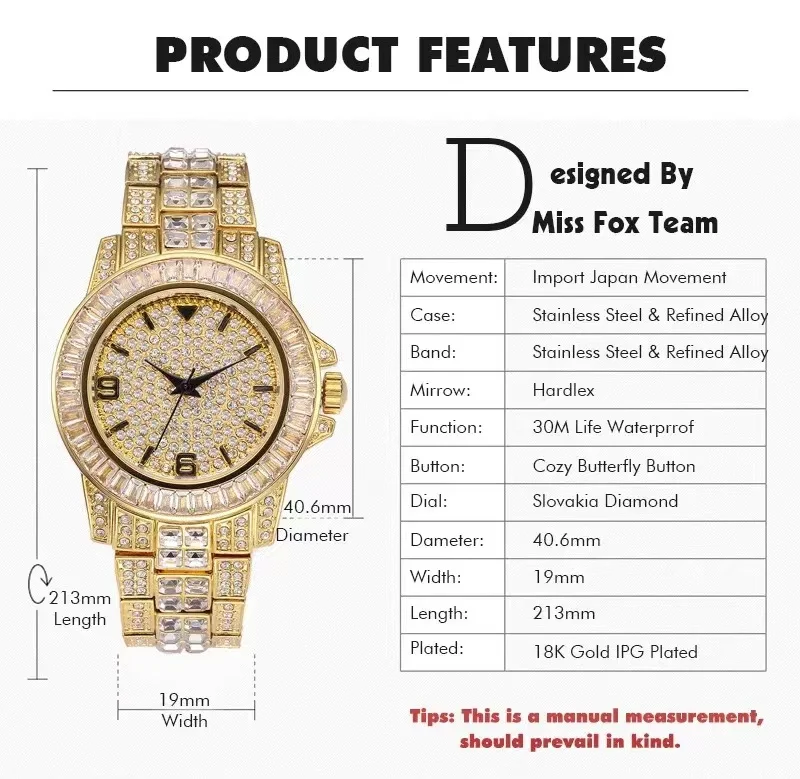 CUC Men\'s Gold Color Baguette Watch Iced Out Rhinestones Fashion Stainless Steel Mesh Belt Quartz Watches HipHop Jewelry