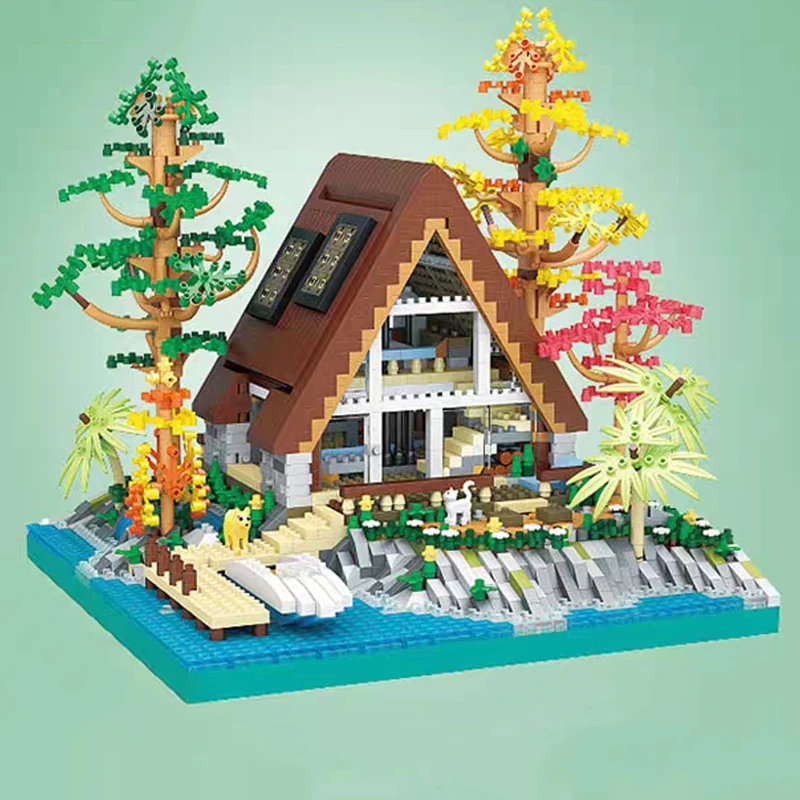 LHCX 617 العمارة العالمية الثلاثي المقصورة مركز جزيرة بحيرة شجرة زهرة العشب كتل الماس الصغيرة الطوب بناء لعبة لا صندوق