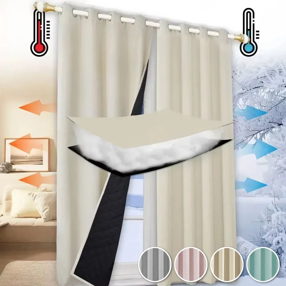 

Heavy Duty Quilted Curtains Panel Living Room 100% Blackout Curtains Eyelet Heat Blocking Winter Keep Warm Thermal Window Drapes