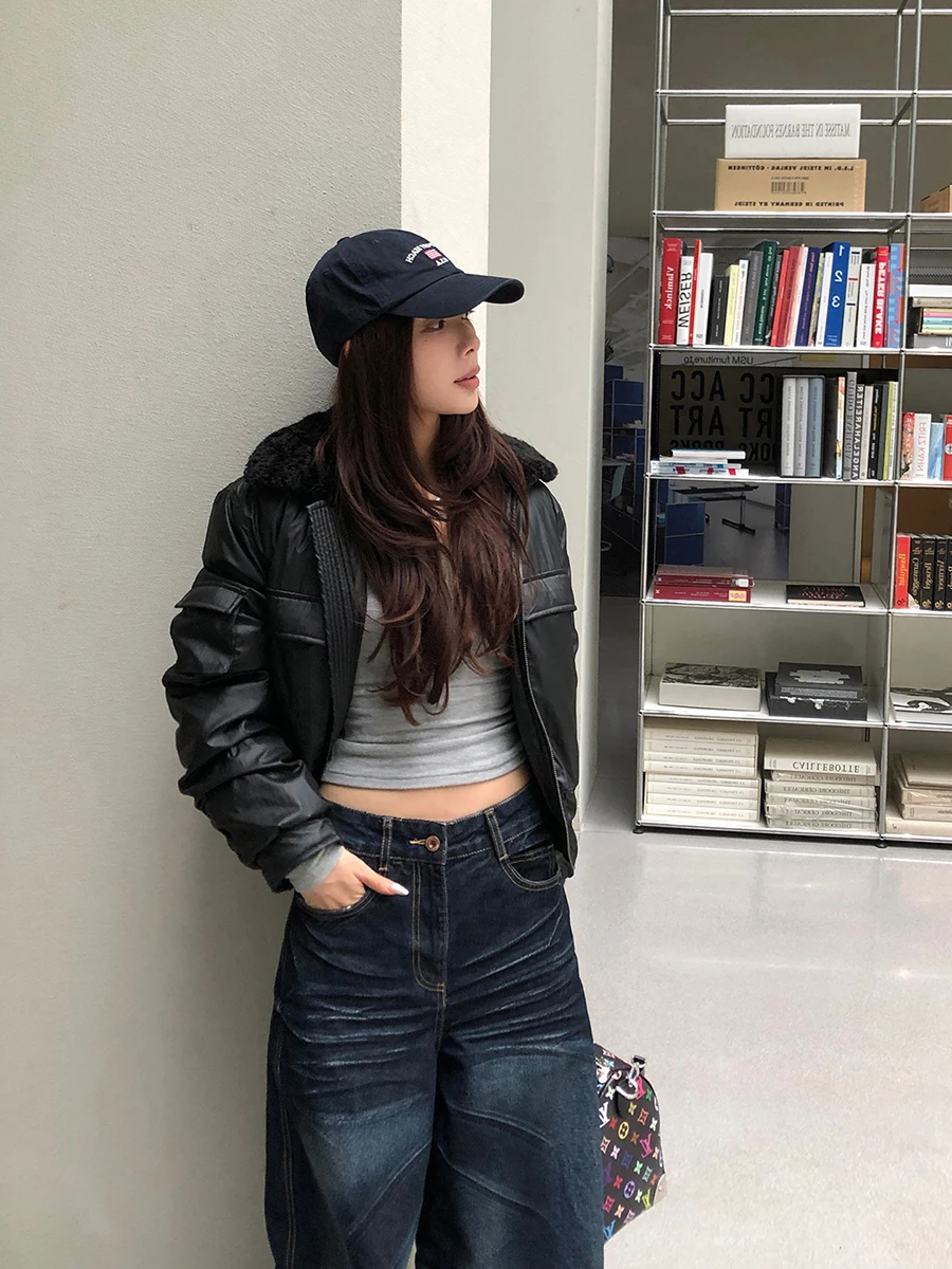 Black Duck down Puffer Jacket Women's Short Loose Thickened Fur Collar Cotton Warm Motorcycle Coat Korean Style Commute Wind