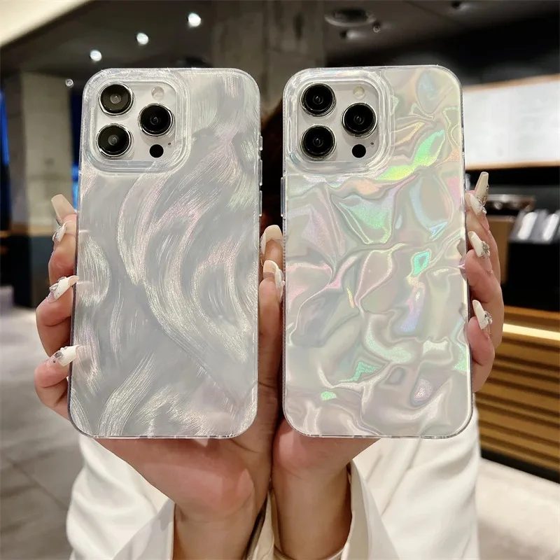 Para iPhone 11 12 13 14 15 16 Pro Max Plus XR X XS fundas de teléfono con textura de onda plateada metálica, texturizada antihuellas