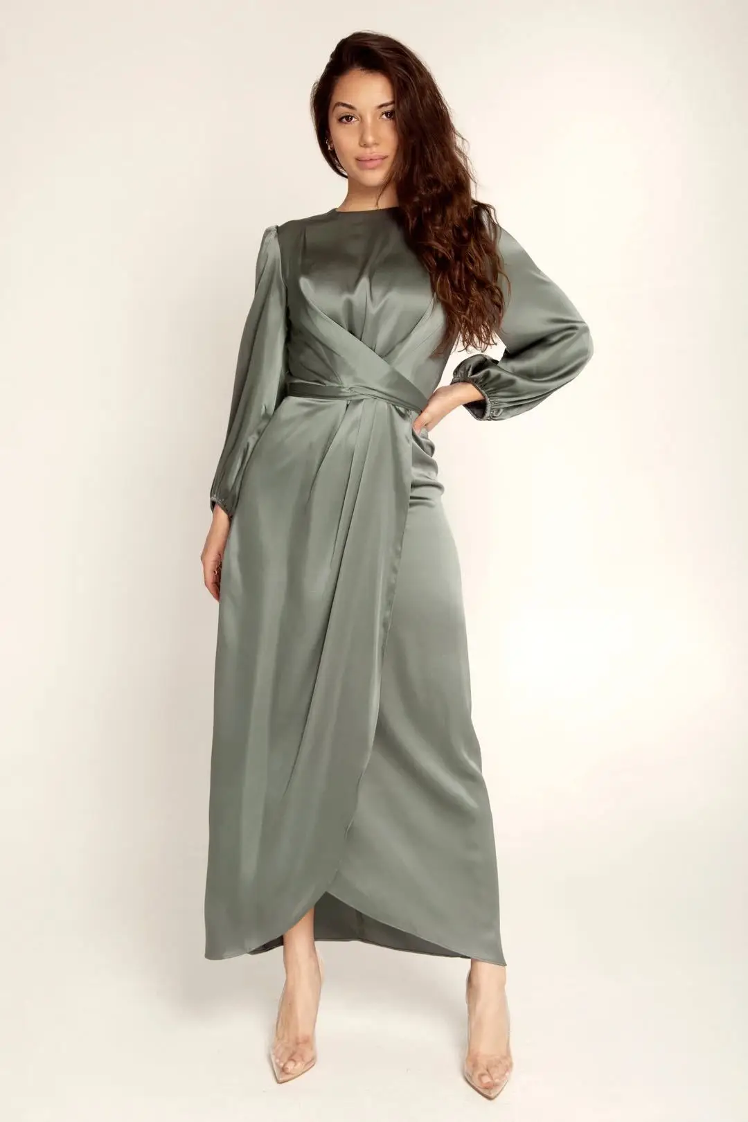 Robe Abaya en Satin pour Femme, Vêtement Arabe, Solide, Lisse, Devant Rond, à Nouer, Élégant, Islamique, Tenue de ix