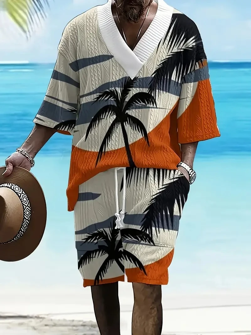 A casual V-neck men's short-sleeved jacquard suit, made of polyester heavy-duty knitted fabric, is a perfect gift