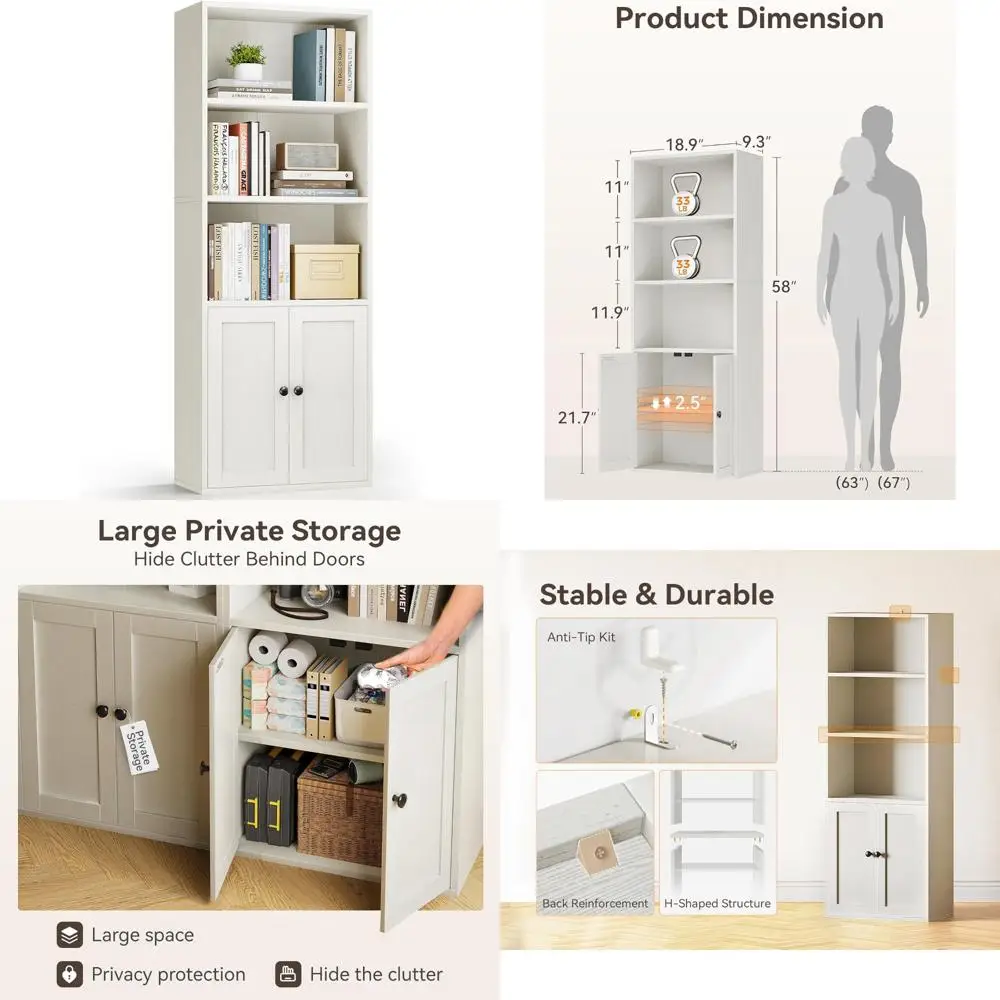 Bodenstehendes 5-stufiges hohes Bücherregal mit Türen, Aufbewahrungsregale für das Heimbüro, platzsparendes Bücherregal für Bücher und Dekoration
