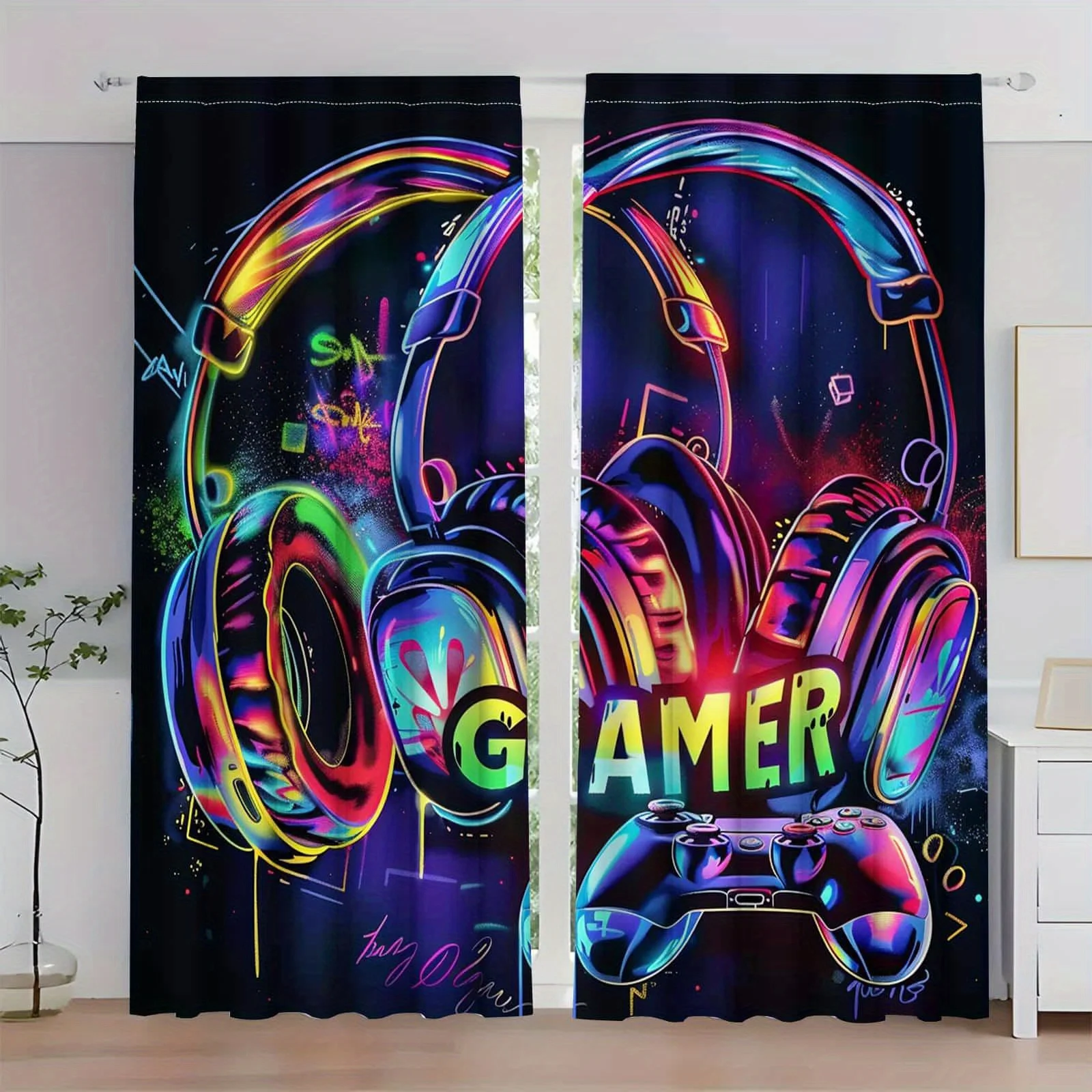2pcs Gamer Curtains Neon Headphones Window Drapes Cyberpunk Aesthetic Room Decor Panels Music RGB Gaming Curtain Pair